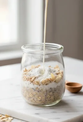High-protein overnight oats topped with fruit and nuts in a glass bowl