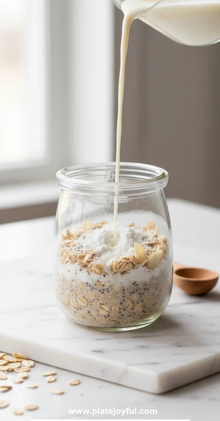 High-protein overnight oats topped with fruit and nuts in a glass bowl