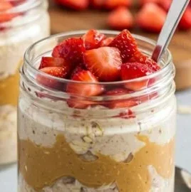 High-protein strawberry and peanut butter overnight oats in a bowl