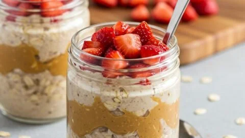 High-protein strawberry and peanut butter overnight oats in a bowl