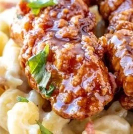 Plate of Honey Pepper Chicken Mac and Cheese topped with parsley