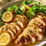 Plate of lemon herb grilled chicken garnished with fresh herbs