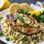 Lemon herb grilled chicken with couscous garnished with fresh herbs