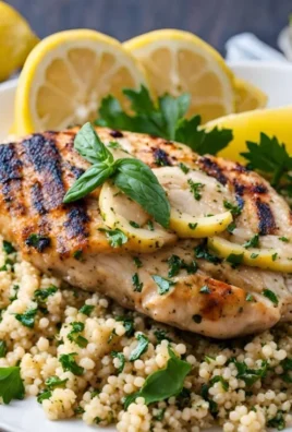 Lemon herb grilled chicken with couscous garnished with fresh herbs