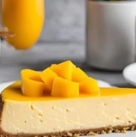 Delicious slice of Mango Cheesecake garnished with fresh mangoes.