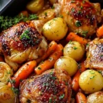 One-pan roasted chicken thighs with carrots and potatoes, a delicious dinner recipe.