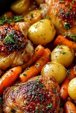 One-pan roasted chicken thighs with carrots and potatoes, a delicious dinner recipe.