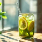 Refreshing matcha lemonade in a glass with lemon slices and green tea powder
