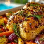 A plate of roasted garlic chicken with colorful vegetables.