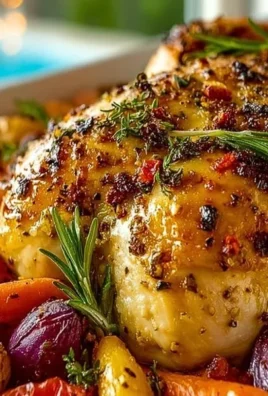 A plate of roasted garlic chicken with colorful vegetables.