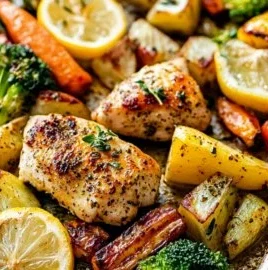 Sheet pan lemon herb chicken with colorful roasted vegetables