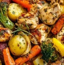 Sheet pan lemon herb chicken with colorful vegetables on a baking tray