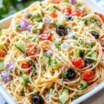 Bowl of spaghetti salad with colorful vegetables and Italian dressing