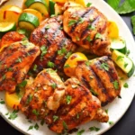 Lemon-herb grilled chicken thighs garnished with herbs on a grill plate.