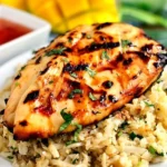 Sweet chili coconut-lime grilled chicken on a platter garnished with lime wedges.