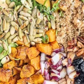 Vegan Fall Harvest Salad with seasonal vegetables and grains, gluten-free and oil-free