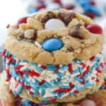 4th of July ice cream cookie sandwiches with red, white, and blue sprinkles