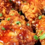 Baked hot honey chicken with a super crunchy coating on a plate