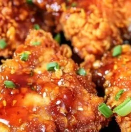 Baked hot honey chicken with a super crunchy coating on a plate