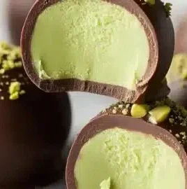 Delicious creamy pistachio ganache truffles on a wooden surface.