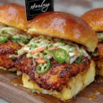 Delicious Nashville Hot Honey Chicken Sliders served with pickled jalapeño slaw