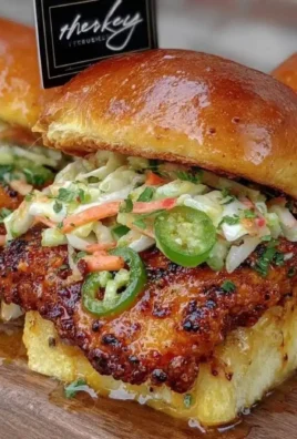 Delicious Nashville Hot Honey Chicken Sliders served with pickled jalapeño slaw