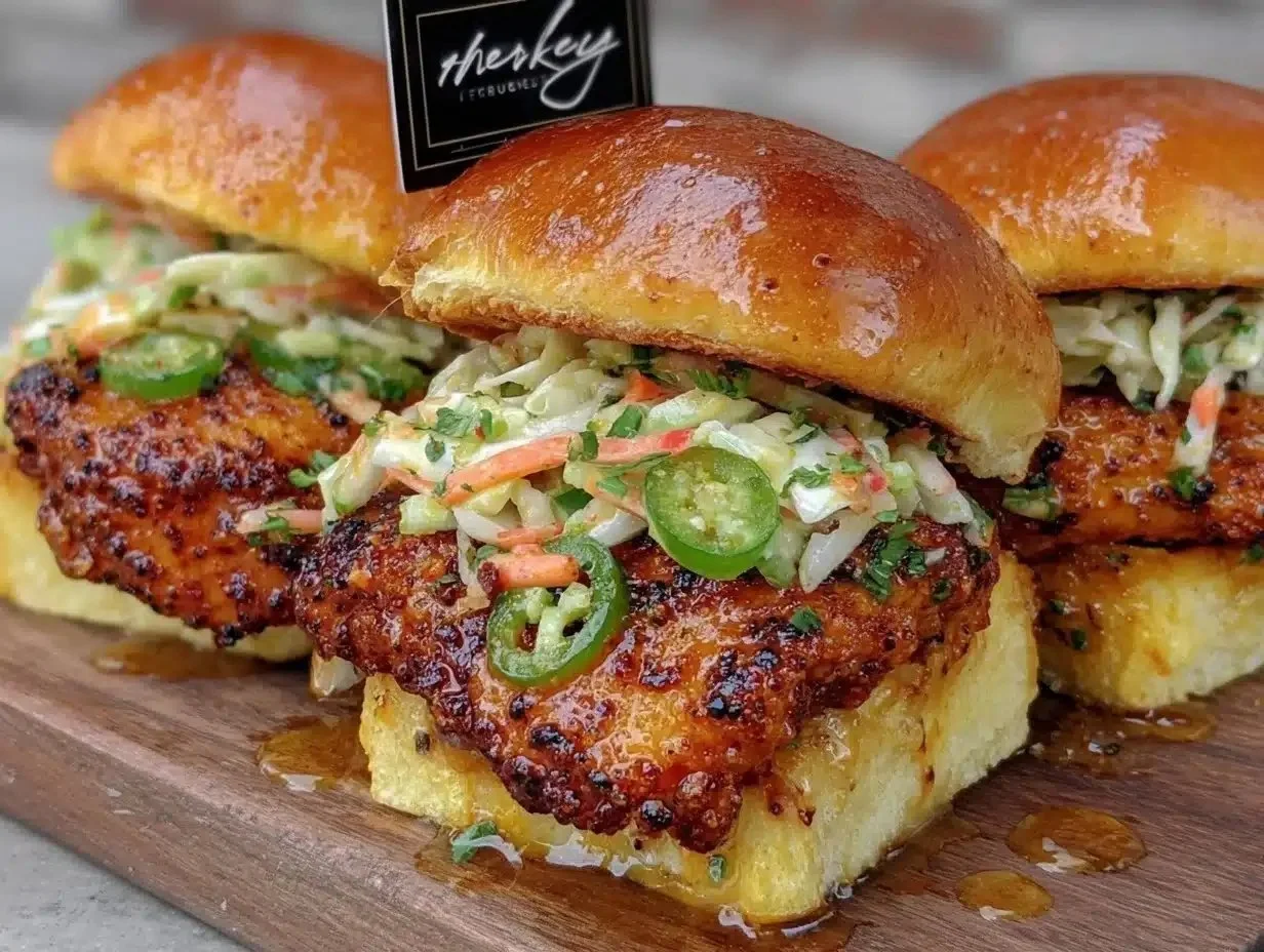 Delicious Nashville Hot Honey Chicken Sliders served with pickled jalapeño slaw