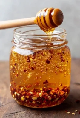 Bottle of Garlic Hot Honey with garlic cloves and chili peppers.