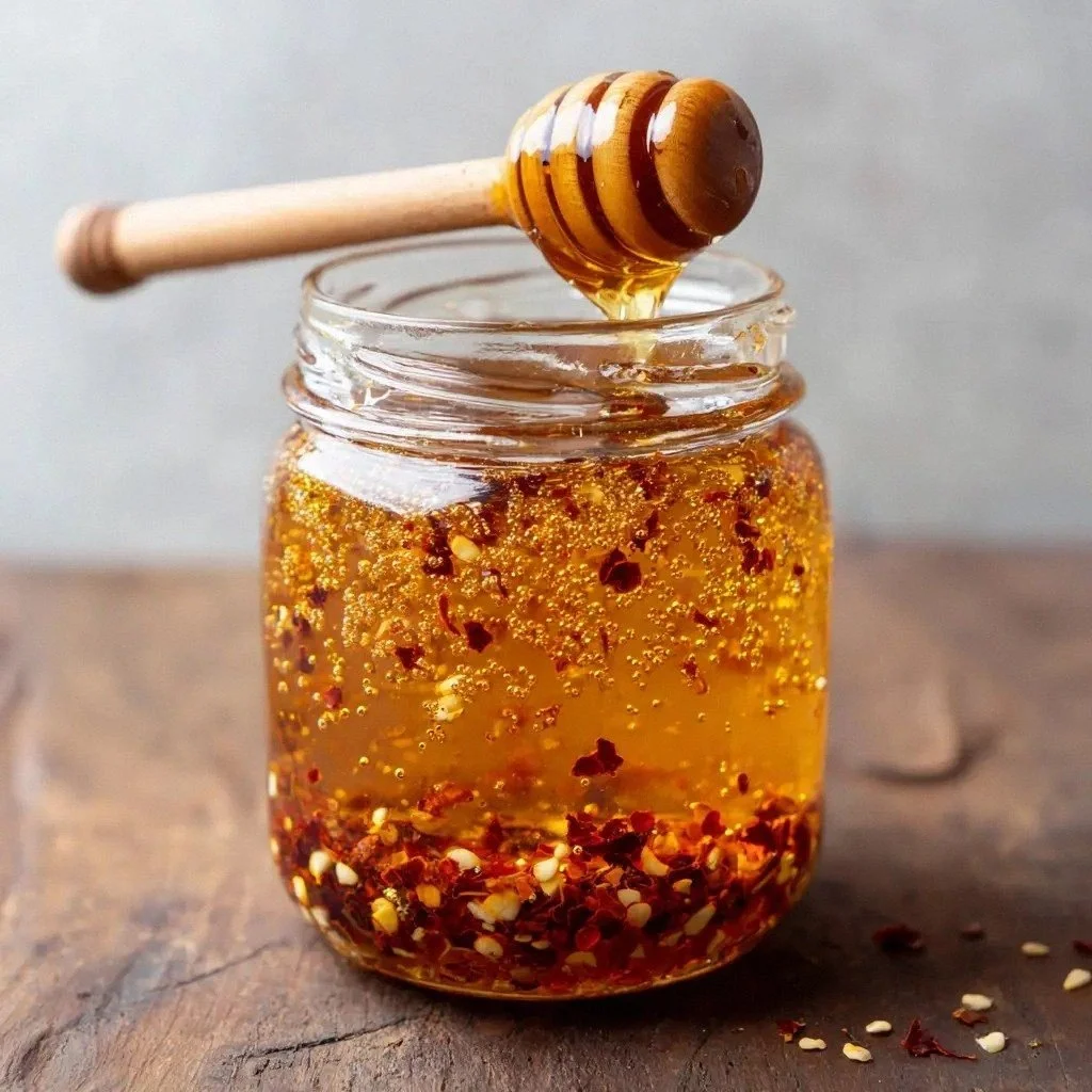 Bottle of Garlic Hot Honey with garlic cloves and chili peppers.