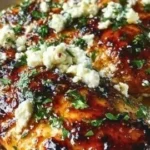 Plate of Hot Honey Feta Chicken garnished with herbs and served with sides