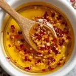 Bowl of homemade hot honey with chili flakes for an easy recipe