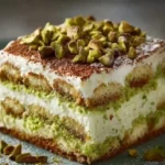 Delicious pistachio cream tiramisu dessert with layers and toppings