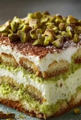 Delicious pistachio cream tiramisu dessert with layers and toppings