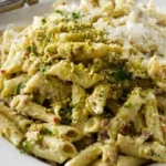 Delicious Pistachio Pasta served with fresh herbs and parmesan cheese