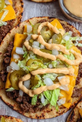 Smash burger tacos garnished with fresh toppings on a wooden serving platter