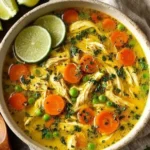 Bowl of anti-inflammatory turmeric chicken soup garnished with herbs