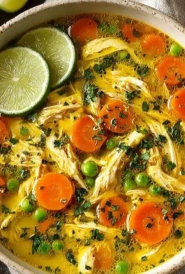 Bowl of anti-inflammatory turmeric chicken soup garnished with herbs