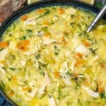 Bowl of Avgolemono, Greek lemon chicken soup garnished with fresh herbs