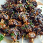 Delicious balsamic garlic grilled mushroom skewers ready for grilling.