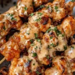 Savory Bang Bang Chicken Skewers grilled to perfection and served on a platter