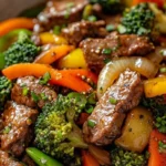 Delicious beef stir fry with vibrant vegetables on a plate