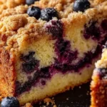 Freshly baked Blueberry Coffee Cake topped with blueberries and a crumbly crust