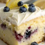 Blueberry lemon poke cake topped with fresh blueberries and lemon zest