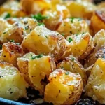 Cheesy ranch oven roasted potatoes served on a plate with herbs