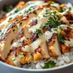 Chicken rice bowl topped with creamy garlic sauce and fresh herbs.
