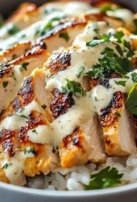 Chicken rice bowl topped with creamy garlic sauce and fresh herbs.