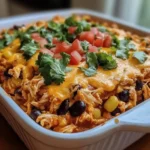 Delicious chicken taco casserole topped with cheese and fresh ingredients