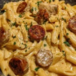 Creamy Cajun garlic butter sausage pasta served in a bowl, topped with herbs.