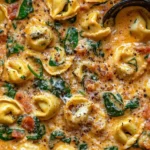 Creamy spinach tomato tortellini served in a bowl garnished with herbs