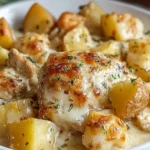 Garlic Parmesan Crockpot Chicken with Potatoes in a serving dish
